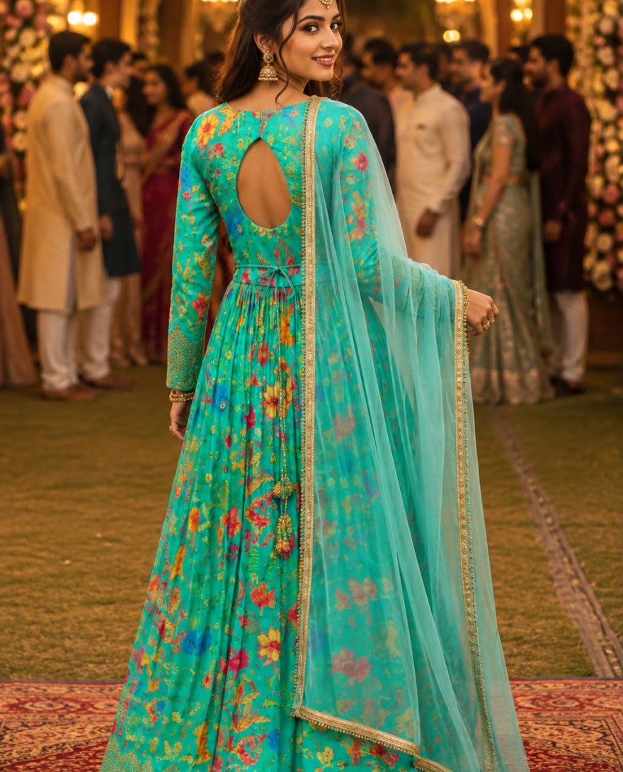 TURQUISE - Colour Turquoise Fabric Viscose Occasion Ceremonial, Engagement, Wedding Style Gown Work Embroidered, Print